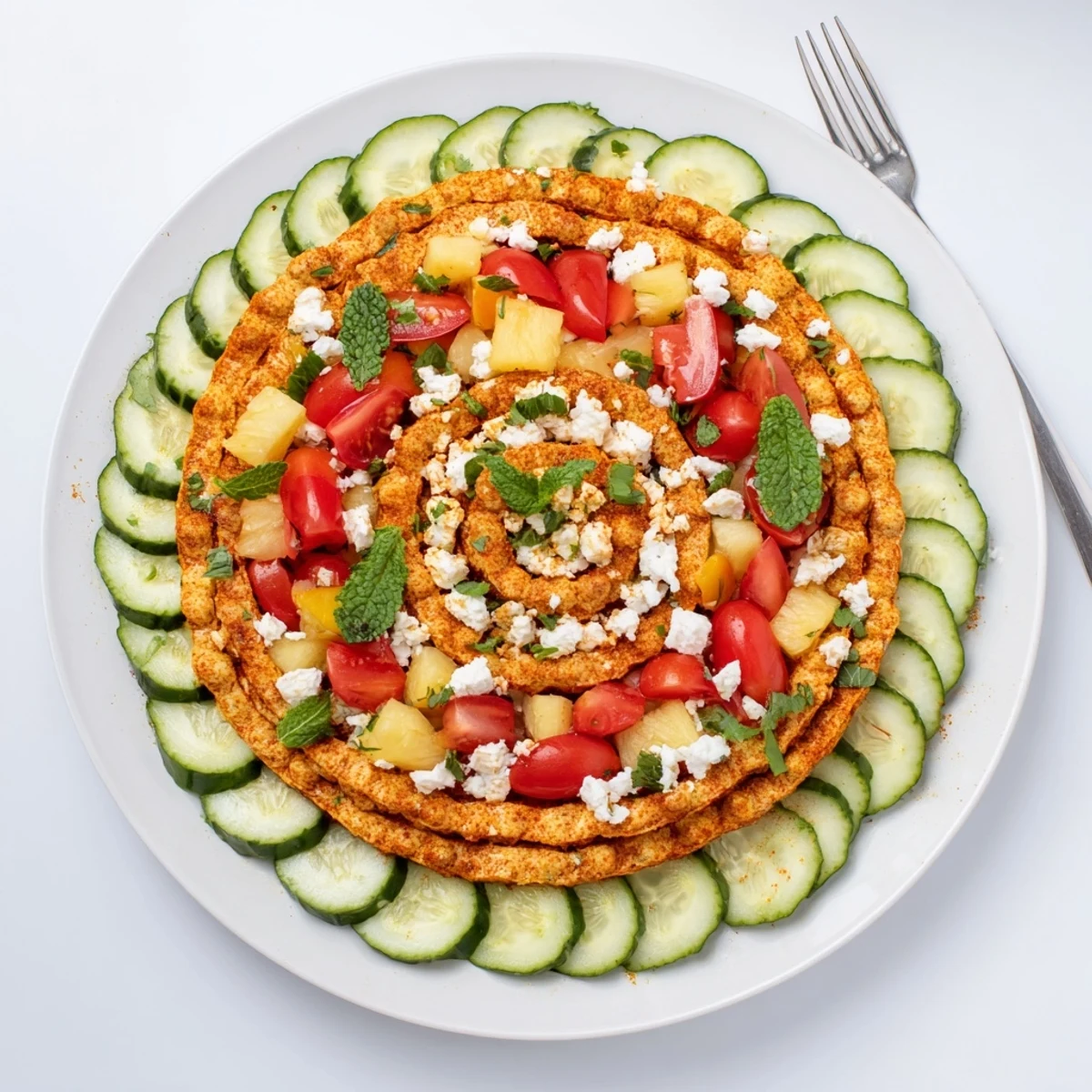 A vibrant photo showcases the concentric rings of flavor with pineapple, feta, and spicy chickpeas.