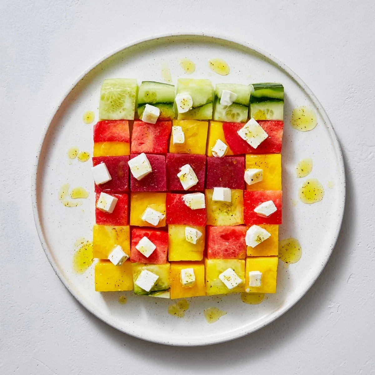 Cube Geometry Study salad arranged in a grid, featuring colorful cubes of fruit and vegetables.