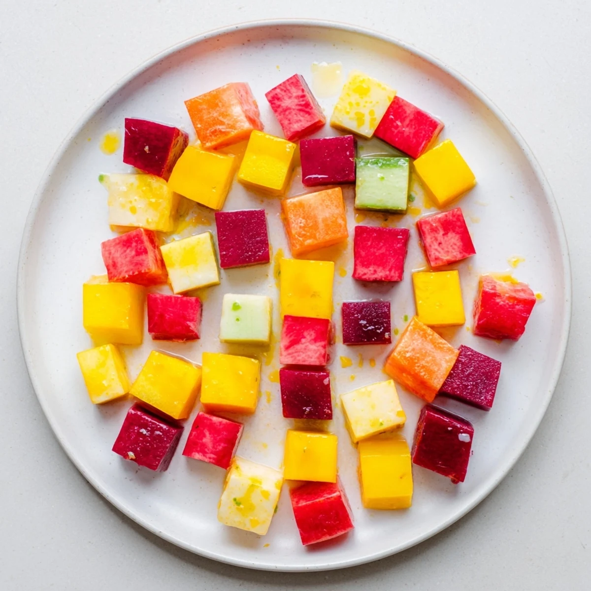 Fresh, vibrant Cube Geometry Study with avocado and mango cubes, drizzled with dressing, ready to enjoy.