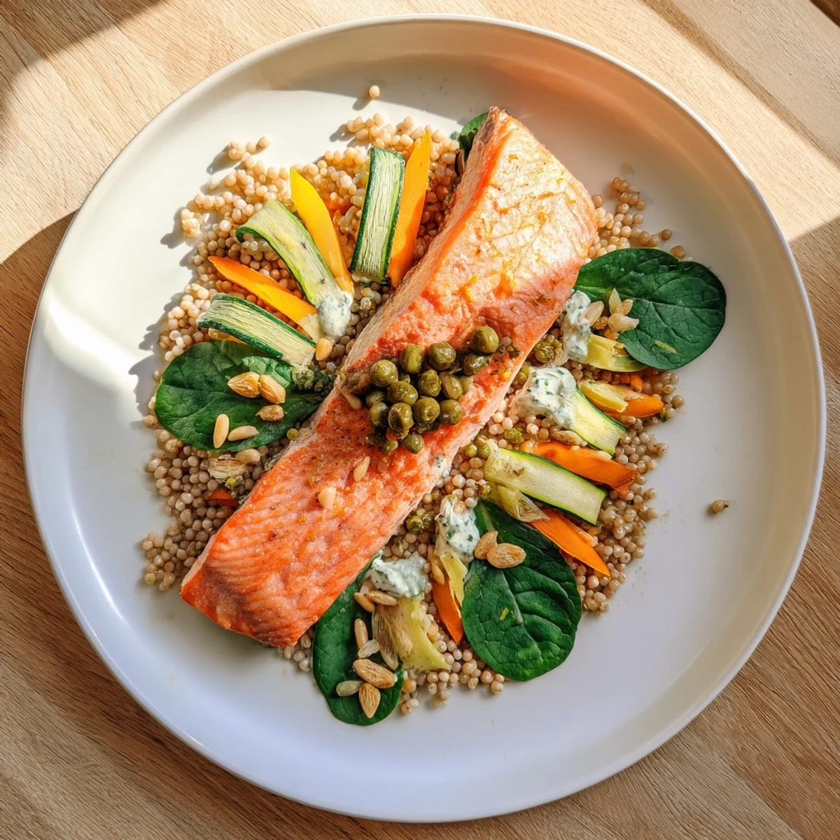 Flaked salmon and vibrant veggies artfully arranged in a beautiful The Infinity Loop Flow dish.