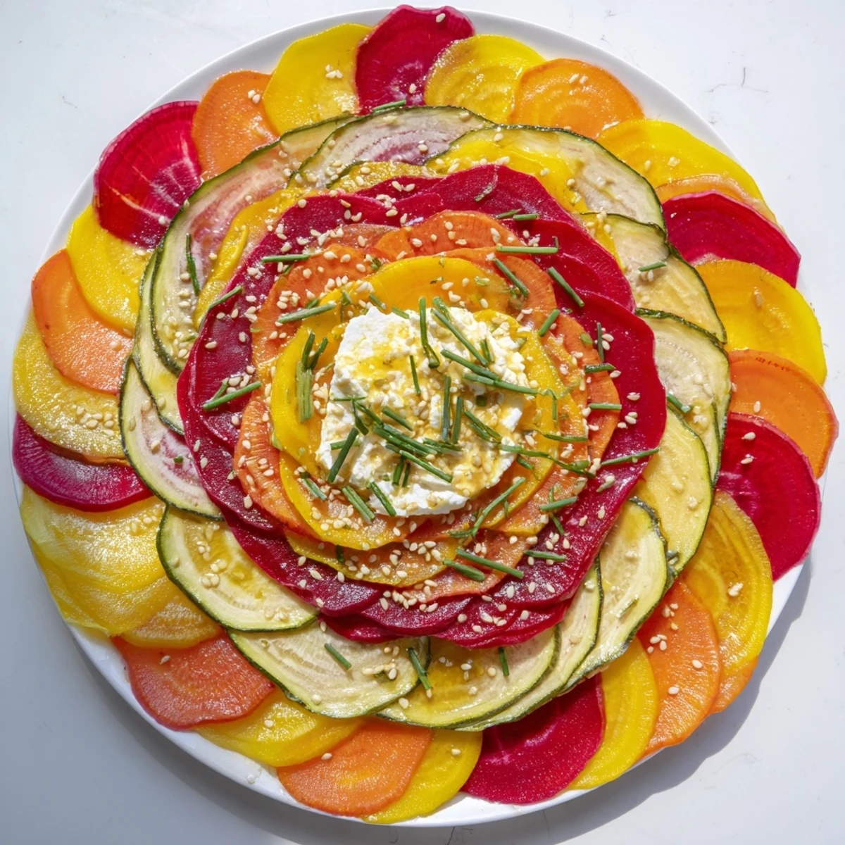 Radial Symmetry Sunburst salad, fanned out vegetables and cheese, creating a vibrant, artistic display.