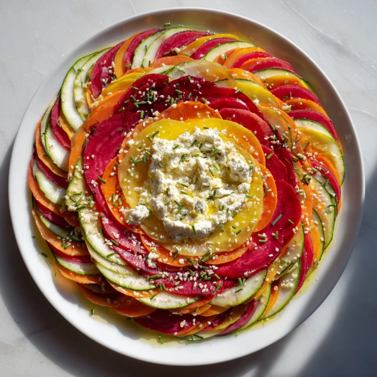 This Radial Symmetry Sunburst salad showcases colorful sliced vegetables radiating outward, ready to be enjoyed.