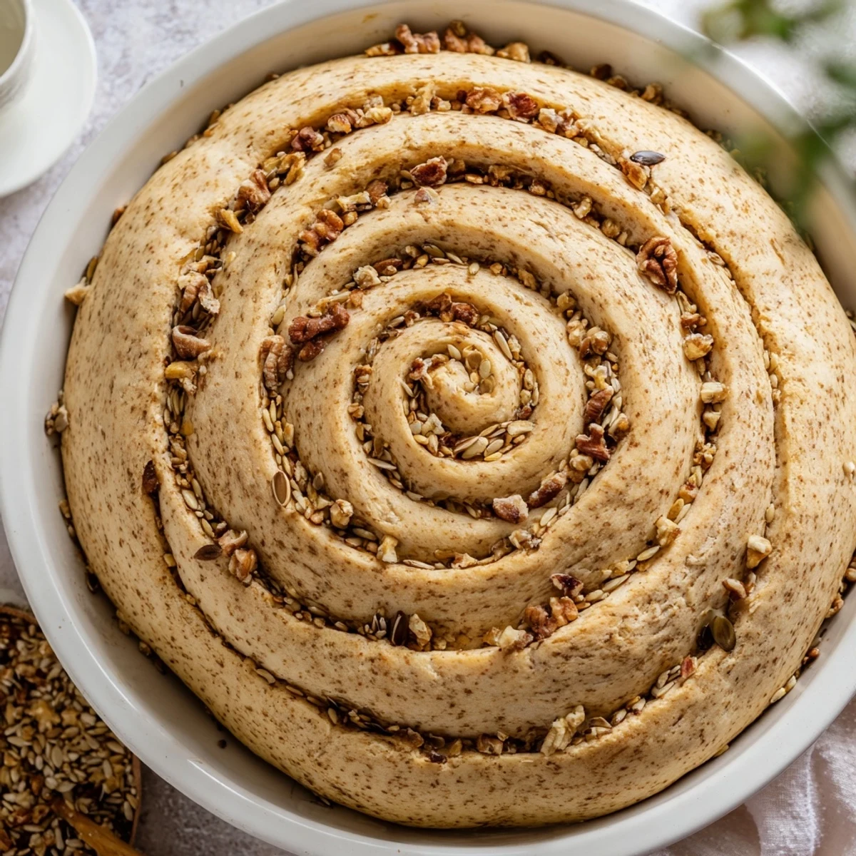 A close-up of the Fibonacci Spiral Growth Bread; imagine the textures of nuts and cheese.