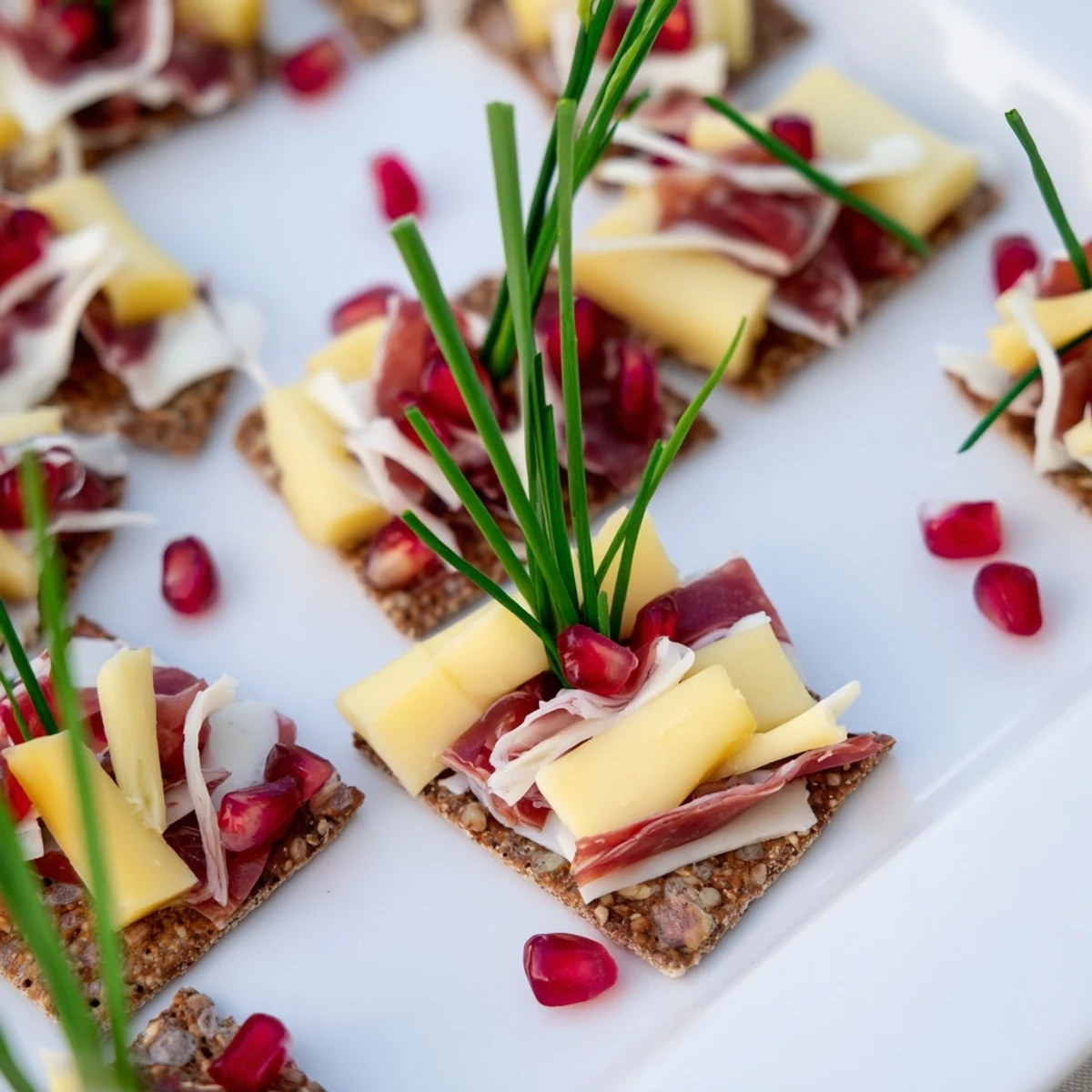 Layered Urban Skyline appetizer, a colorful arrangement of cheese, meat, and crackers, beautifully stacked high.