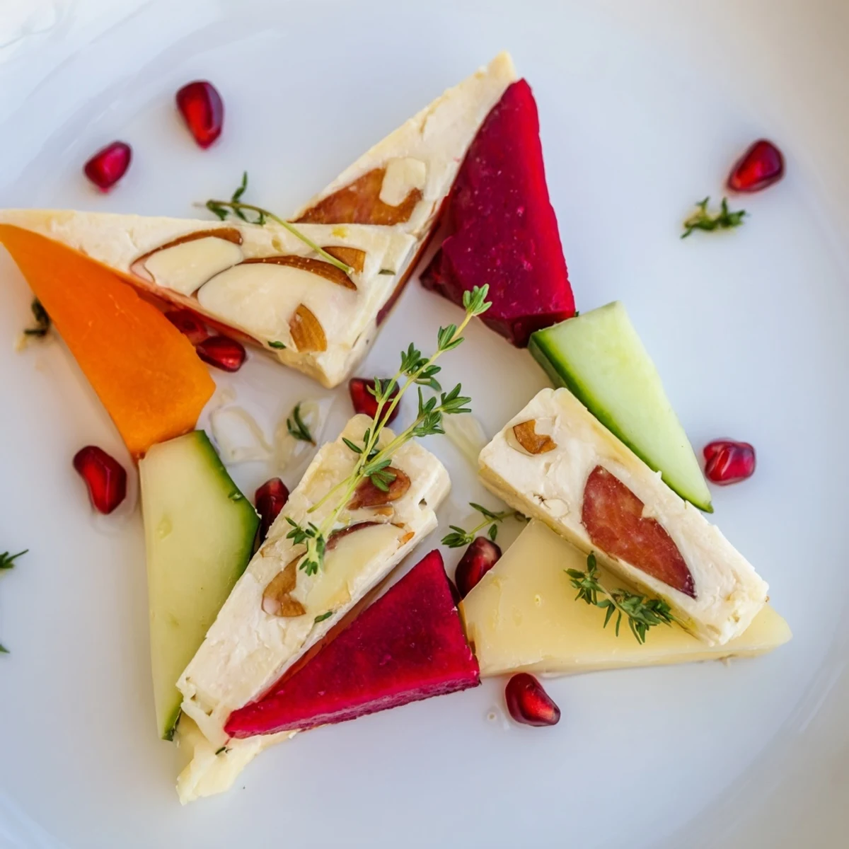 Image of The Tessellation Triangle, an appetizer board with colorful, precisely cut triangles.