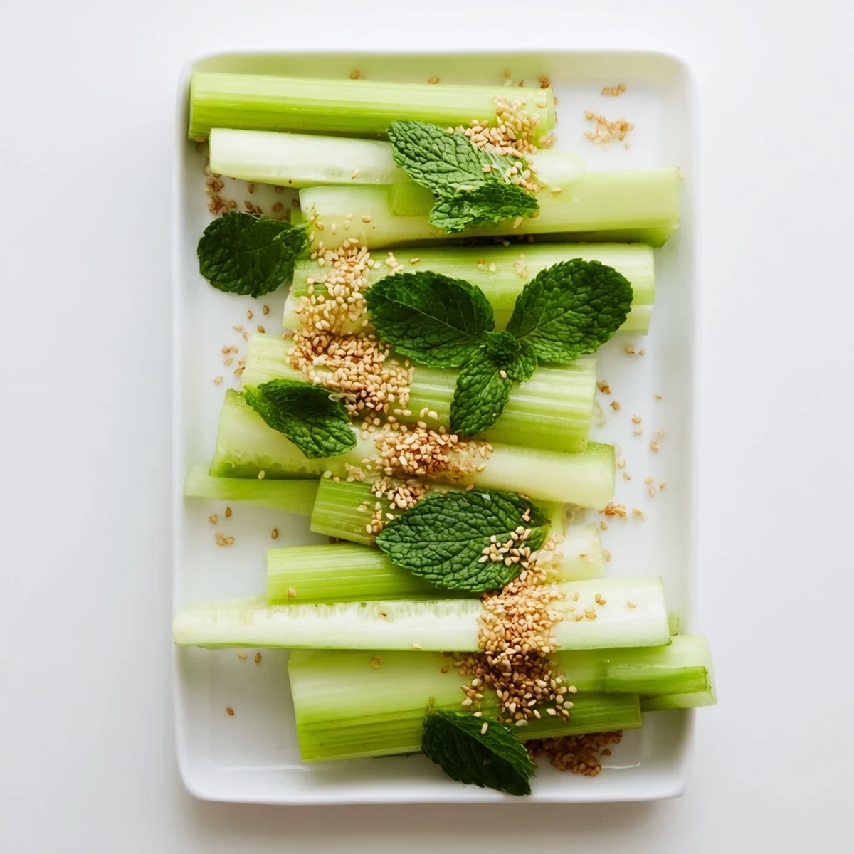 Knackiges The Bamboo Zen-Appetithäppchen mit hellgrünem Sellerie und Gurken, serviert mit Dip.