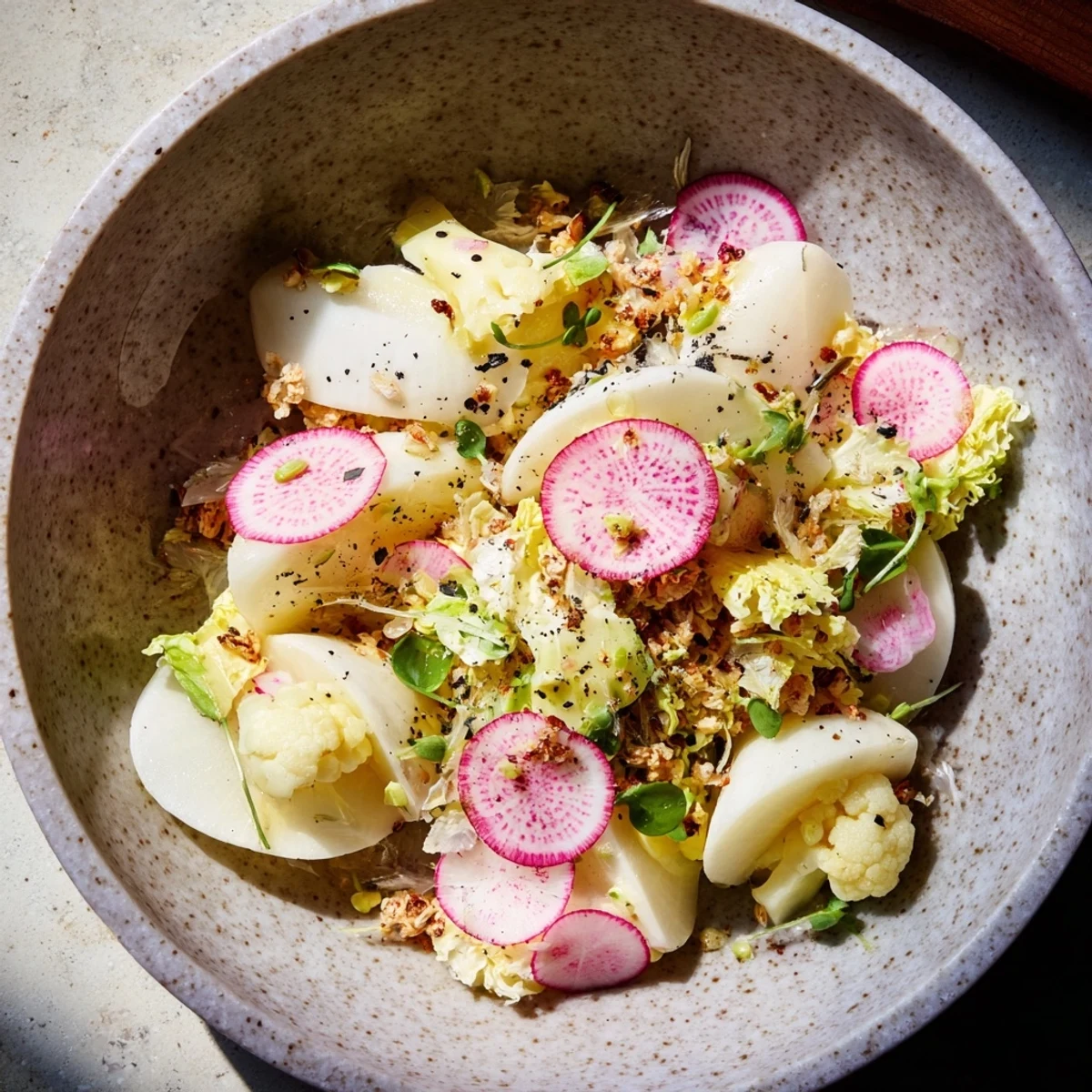 A visually appealing The Tundra Trek appetizer, artfully arranged crisp vegetables on a chilled stone plate.