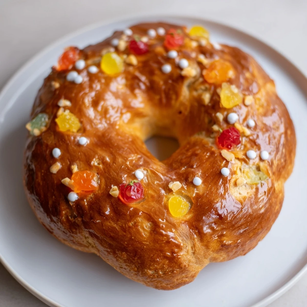 This festive Couronne de Roi Bijoux Sucrés recipe features a glistening, jeweled sweet bread, ready to enjoy.