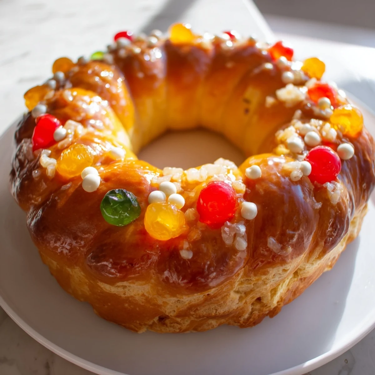 A golden-brown Couronne de Roi Bijoux Sucrés, a French crown bread, studded with vibrant candied fruit.