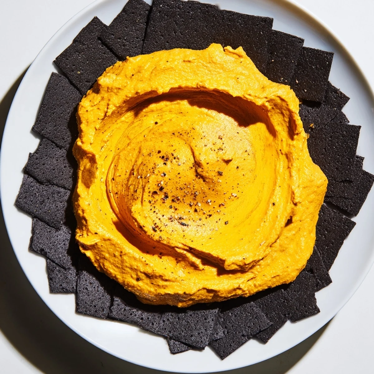 A striking image of "The Midnight Sun" appetizer, featuring black charcoal crackers circling bright orange dip.