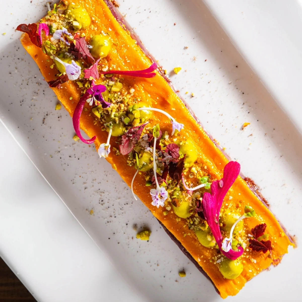 A vibrant photo shows The Modernist Stripe, a minimalist appetizer with striking purées and garnishes.