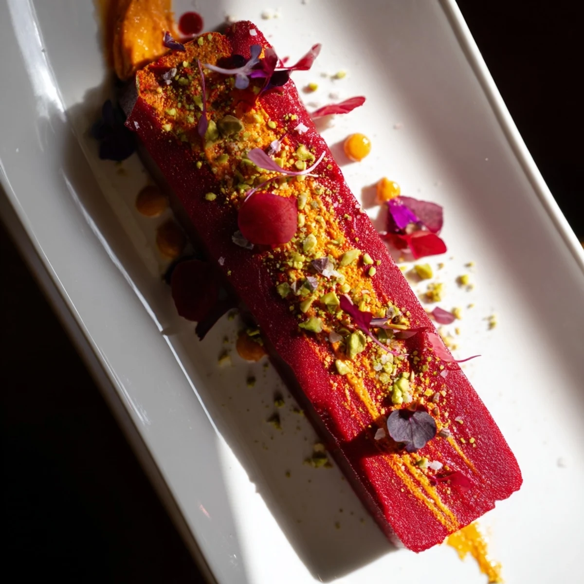 Here's The Modernist Stripe: a bright, artistic appetizer featuring layered purées, ready to eat.