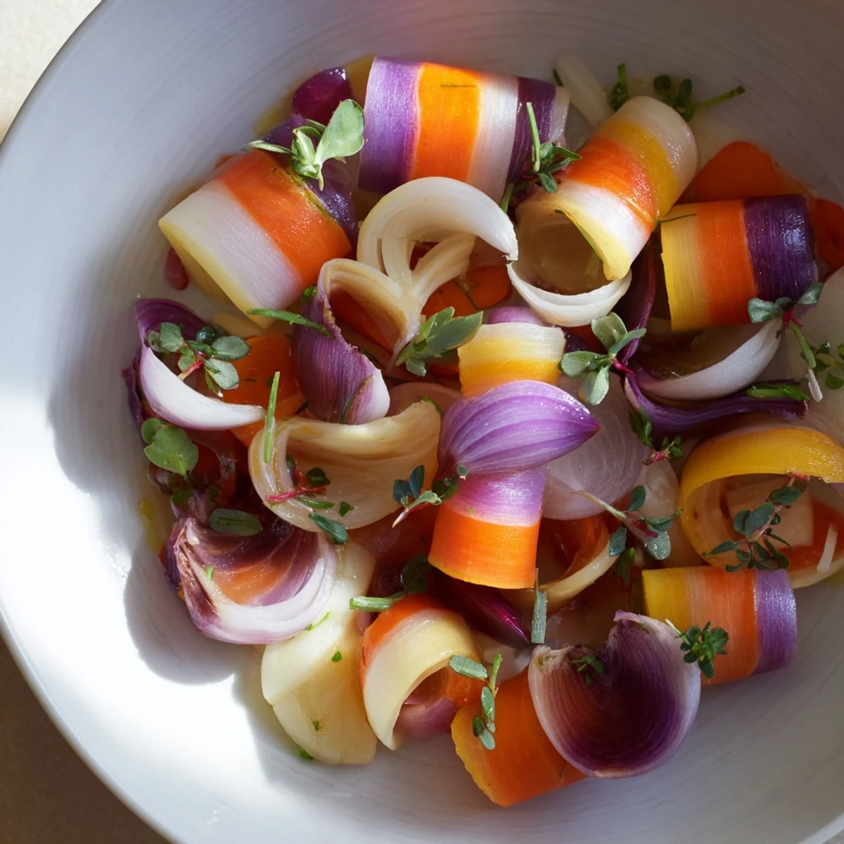 Thinly shaved vegetable ribbons create a colorful "Spinning Top" salad, a light and refreshing appetizer.