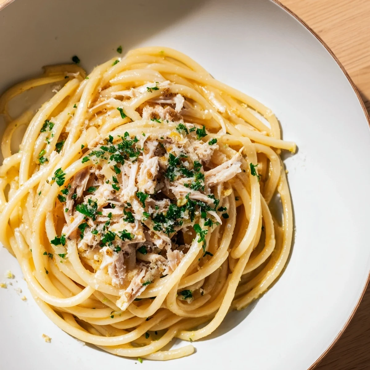 Simple Garlic Butter Bucatini with shredded chicken, a comforting Italian pasta dish.