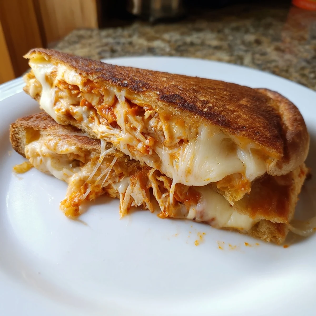 Golden-brown leftover pizza grilled cheese with melted cheese and shredded chicken oozing out.