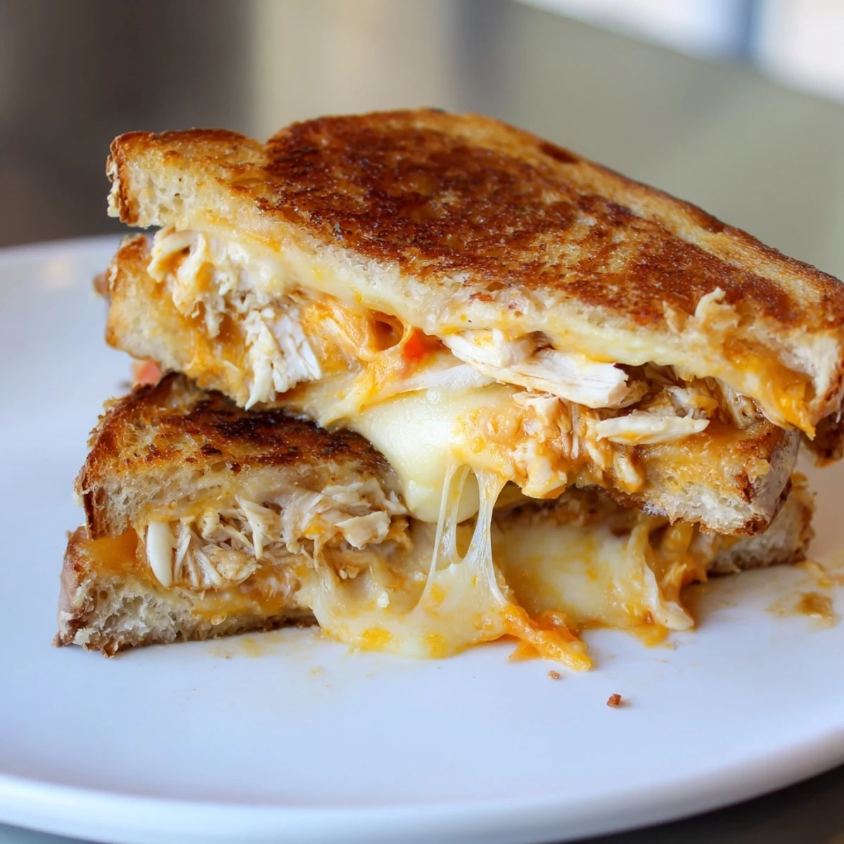 Mouthwatering close-up of a warm, cheesy, and chicken-filled leftover pizza grilled cheese ready to eat.