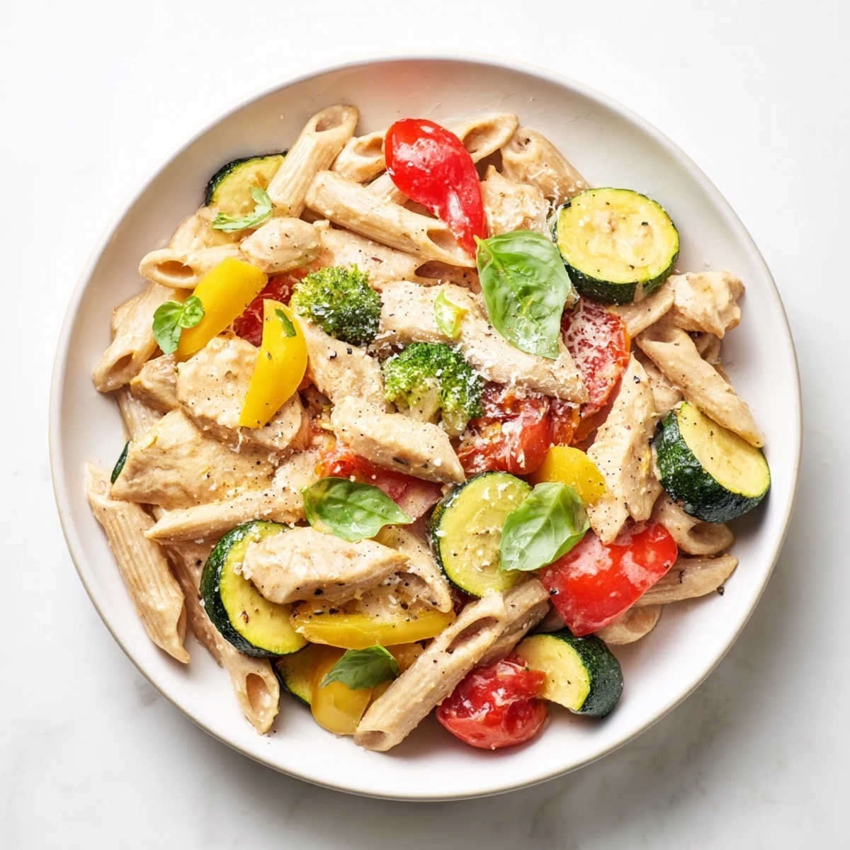 A plate of 5-4-3-2-1 Pasta Primavera with colorful vegetables and chicken.