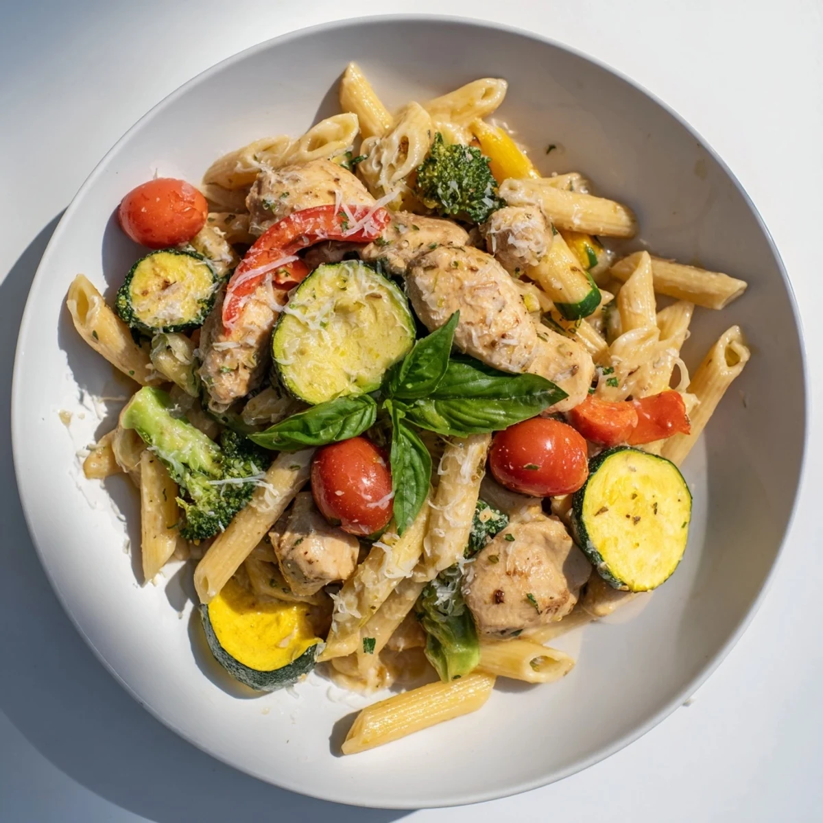 Enjoy a forkful of this delicious 5-4-3-2-1 Pasta Primavera, a vibrant chicken and veggie dish.