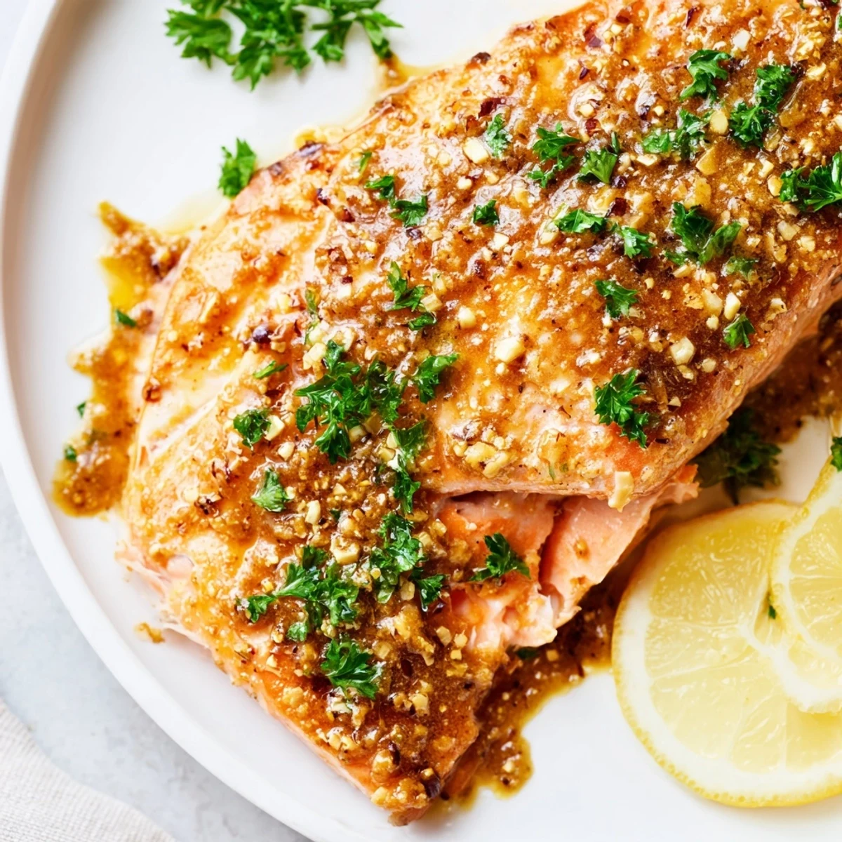 Golden-brown honey mustard salmon glistens, ready to serve with lemon wedges and fresh parsley garnish.