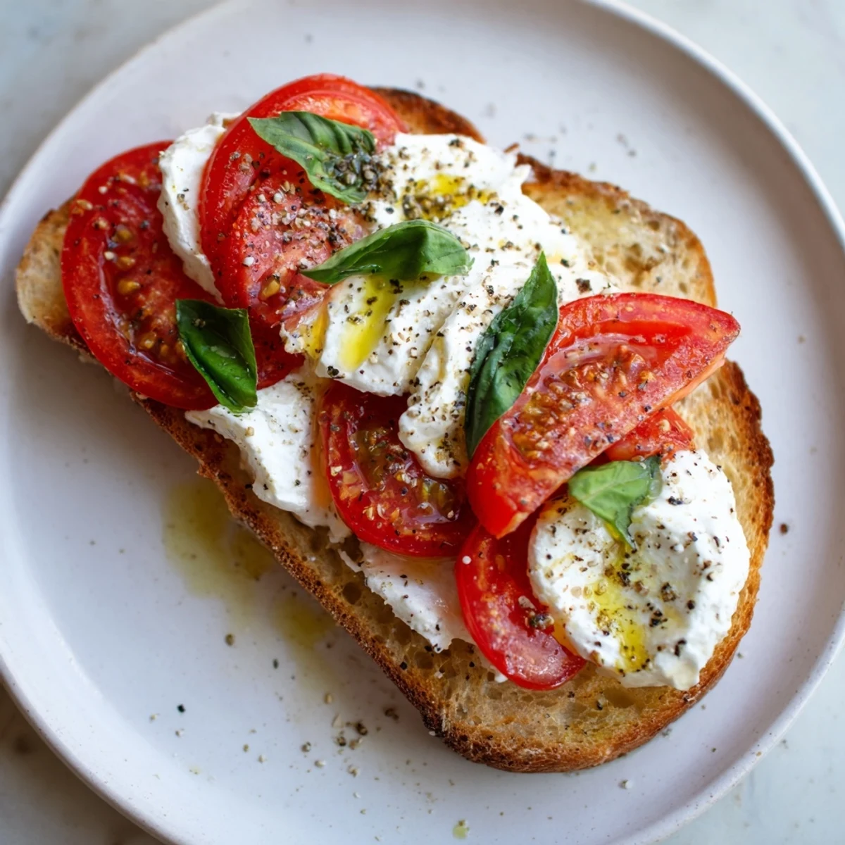 Fresh Tomato Burrata Toast, bursting with red tomatoes, creamy burrata, and fragrant basil, perfect for brunch.