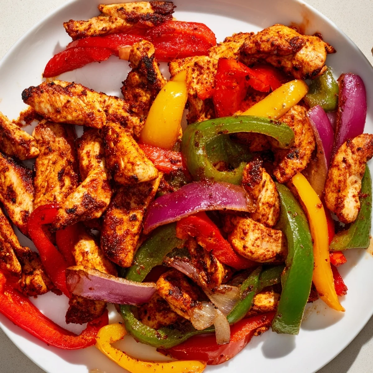 Sheet pan Chicken Fajitas, showcasing tender chicken with colorful roasted bell peppers and onions.