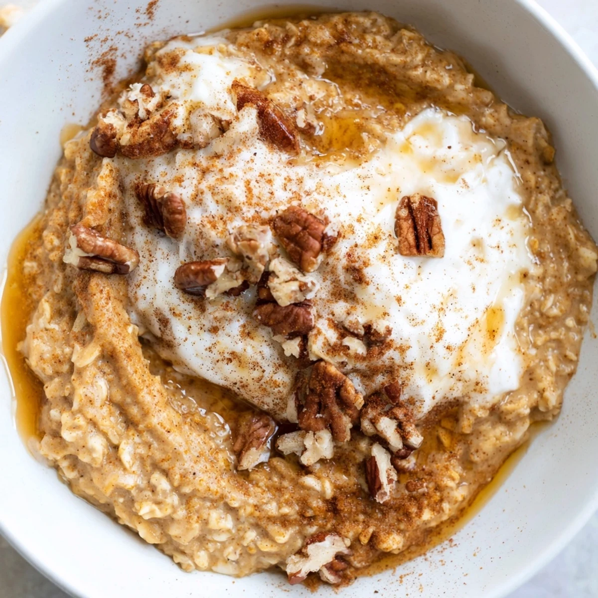 Creamy pumpkin spice latte oats topped with pecans and yogurt, a cozy breakfast classic.