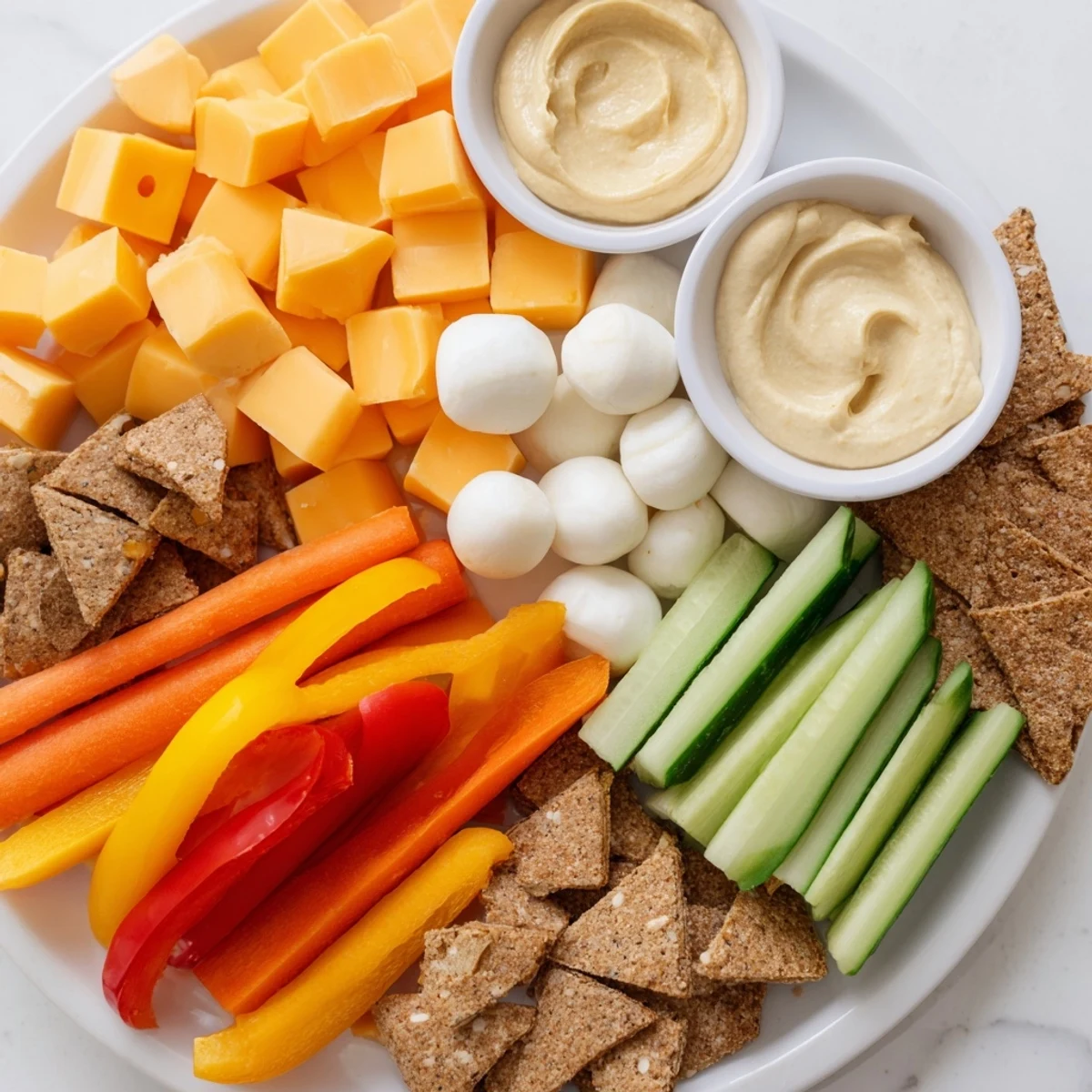 A vibrant veggie snack board, this adult lunchable includes fresh vegetables and creamy dips.