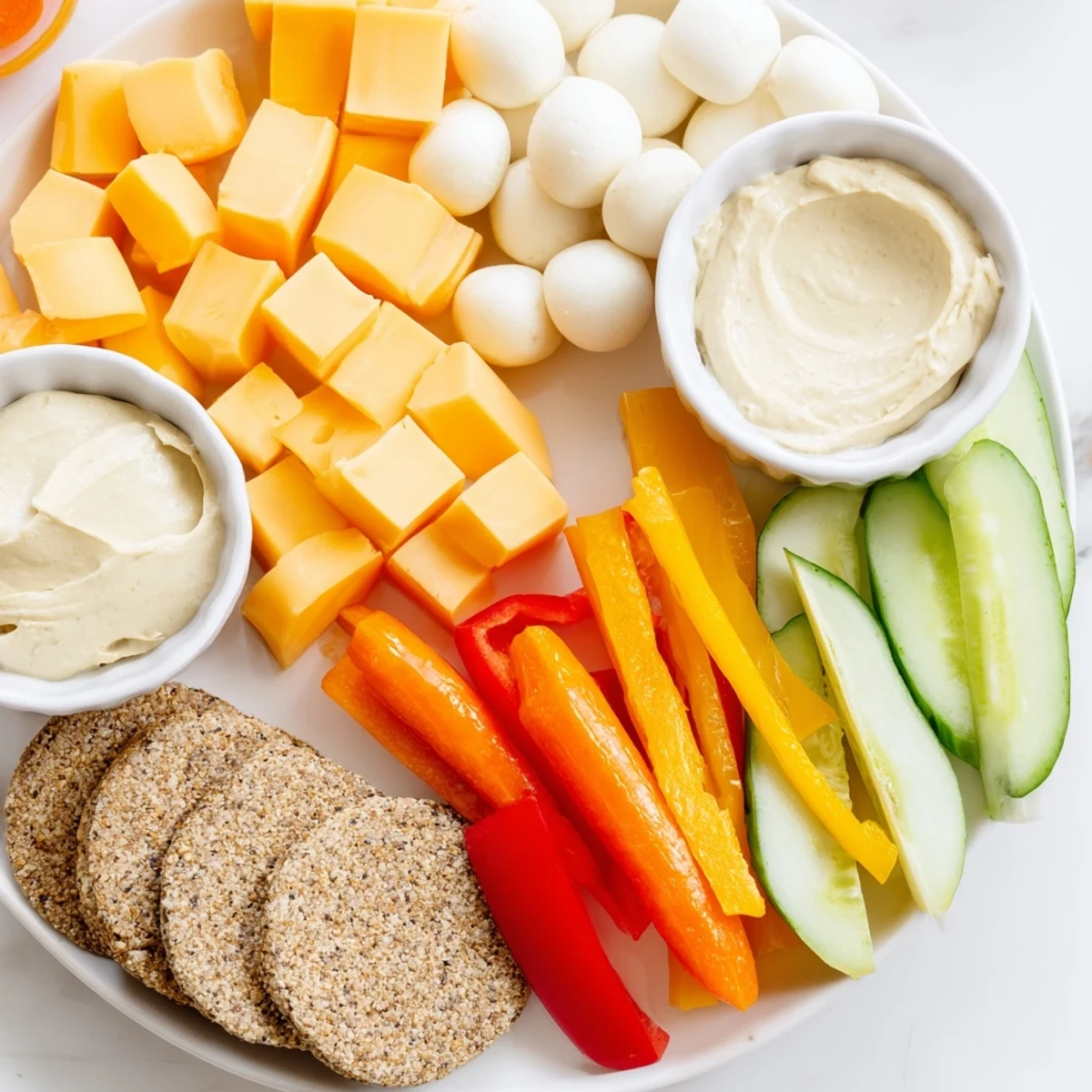 Arranging a veggie snack board: a close-up shows carrots, cheese, and olives for a quick snack.