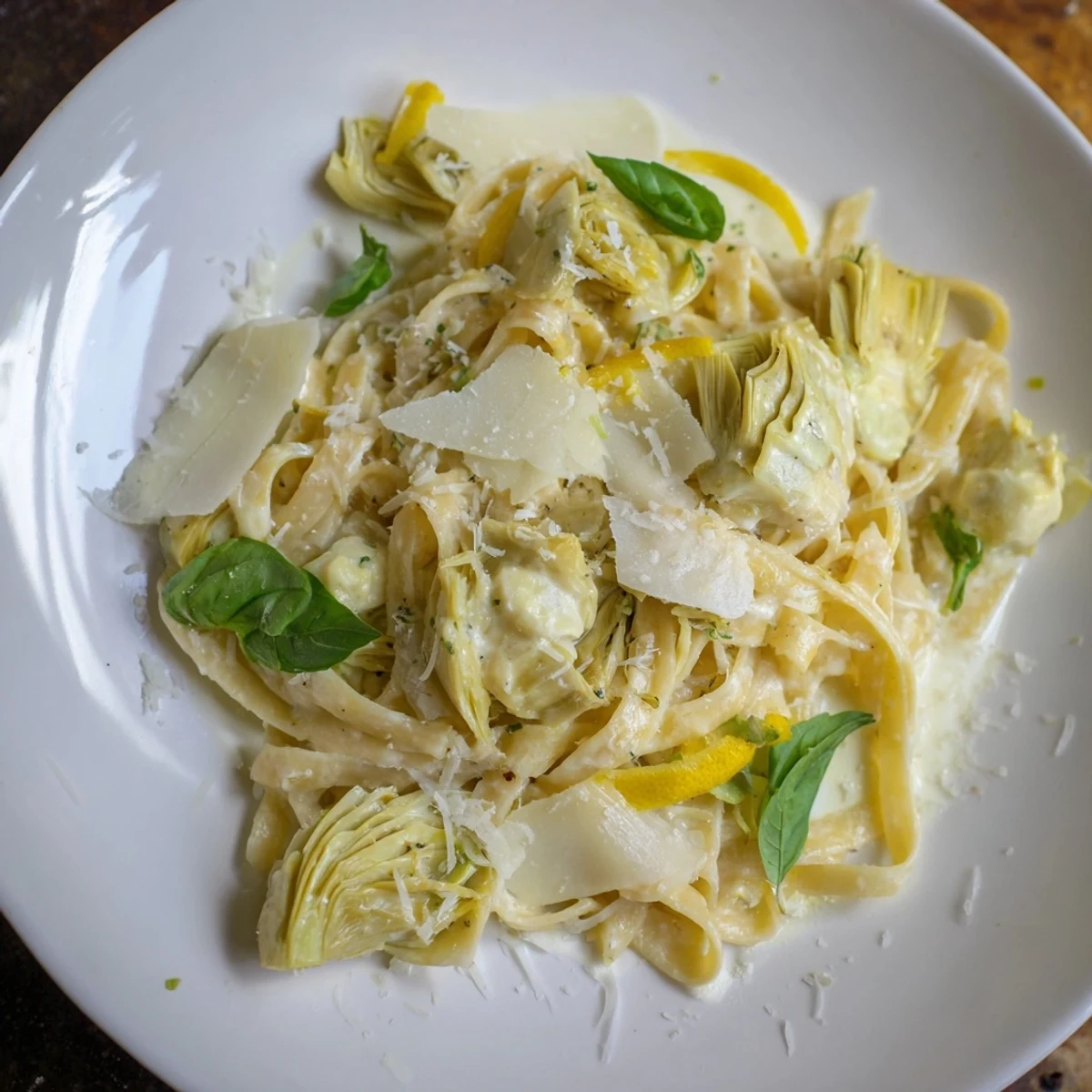 Creamy Lemon Artichoke Pasta in a skillet, showcasing tender artichoke and vibrant lemon flavors.