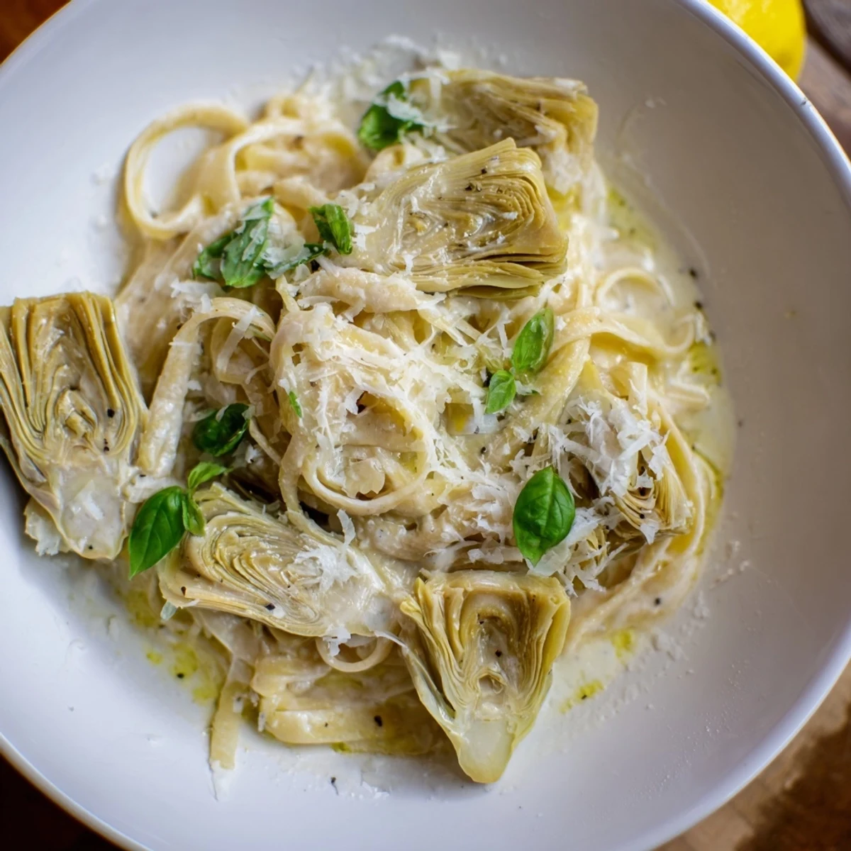 Tender artichoke hearts with creamy sauce in this Creamy Lemon Artichoke Pasta, perfect for dinner.