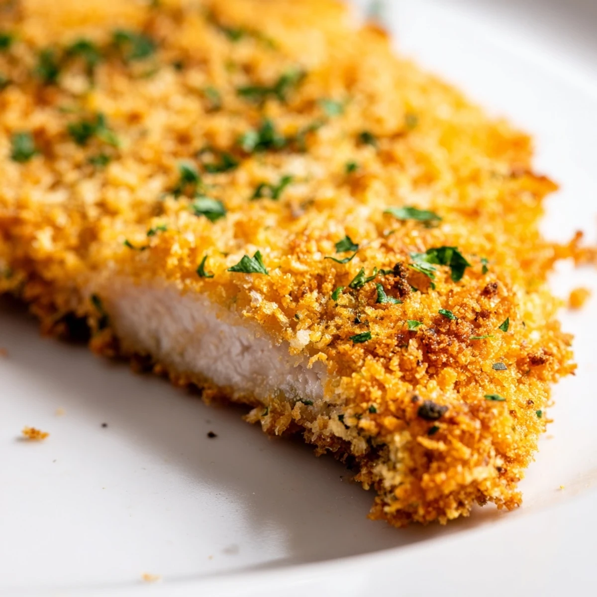 Golden baked Crispy Parmesan Chicken Cutlets, served with fresh parsley and lemon wedges for a delicious meal.