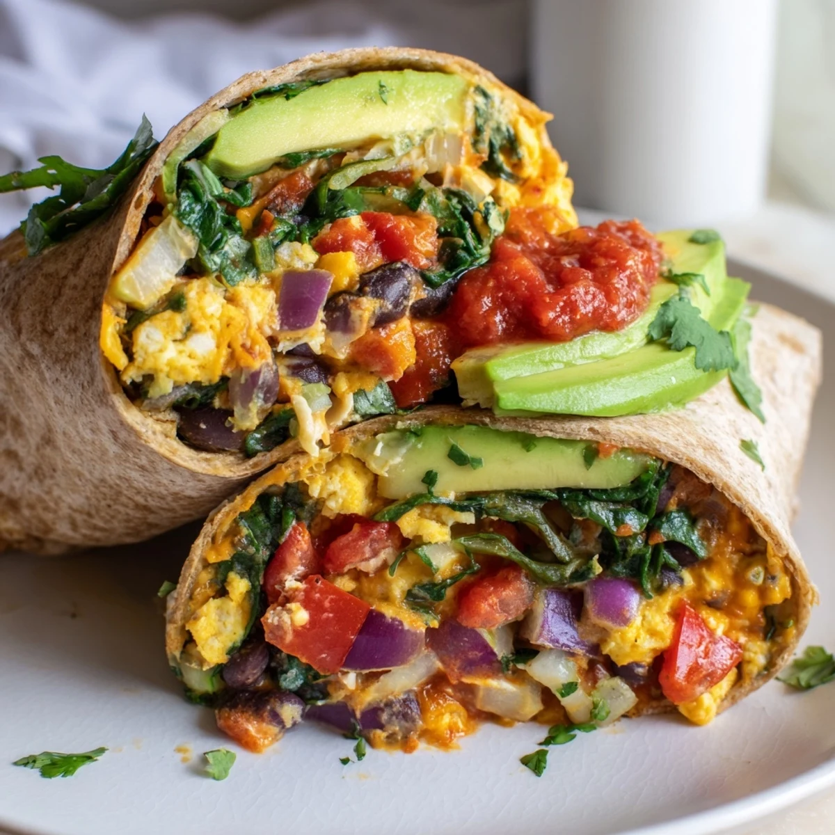 Golden-brown Veggie-Loaded Breakfast Burrito, overflowing with colorful sauteed vegetables and scrambled eggs.