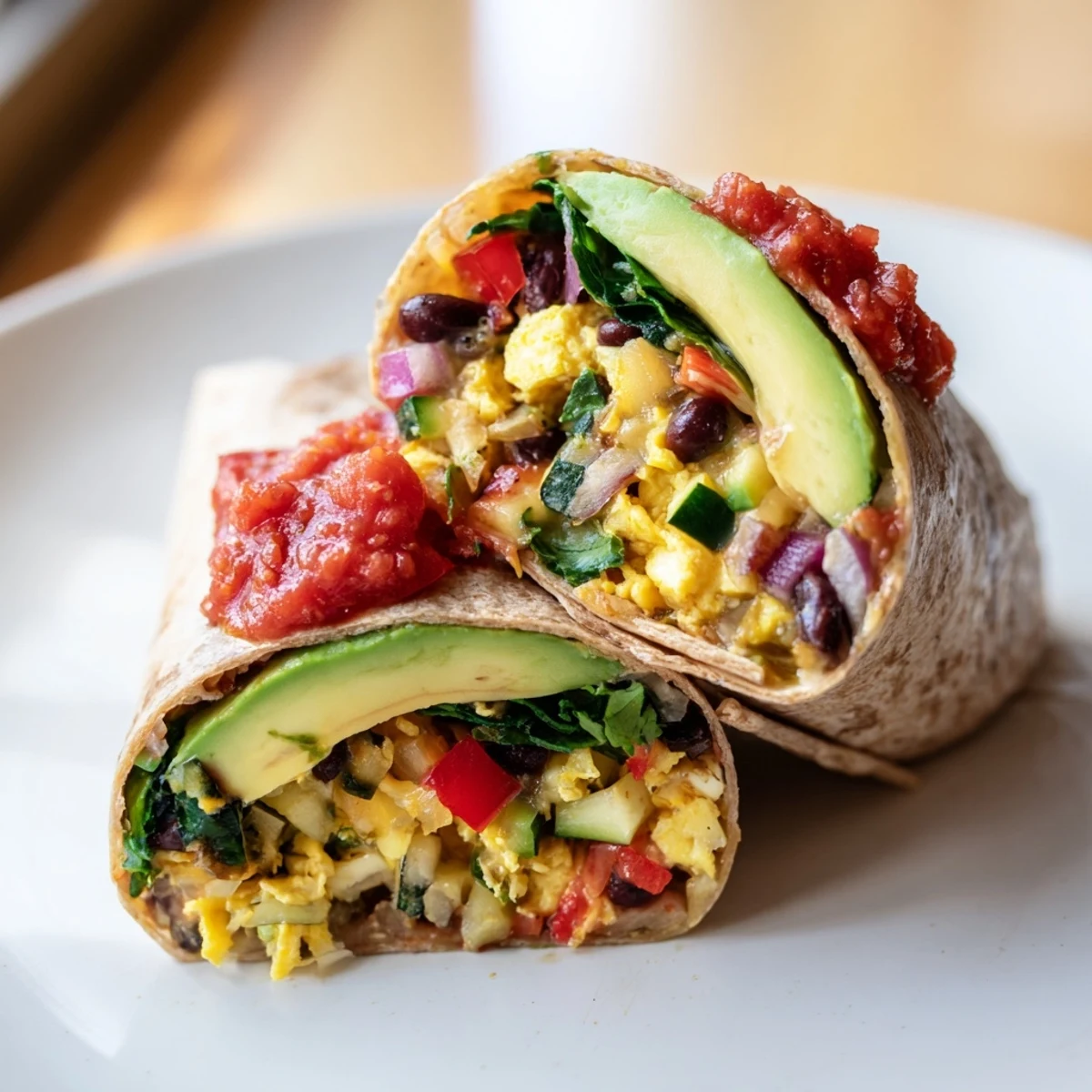 A warm, delicious Veggie-Loaded Breakfast Burrito, showing a perfect slice revealing its savory fillings.
