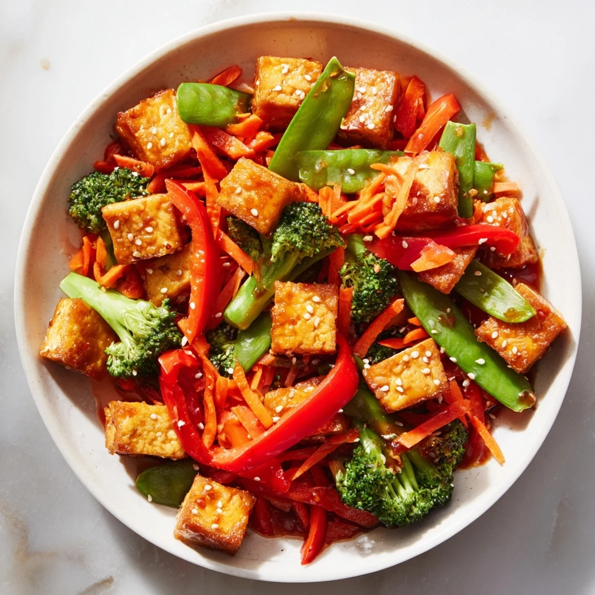 Crispy sesame ginger tofu stir-fry with colorful vegetables, ready to serve, a vegetarian dream.