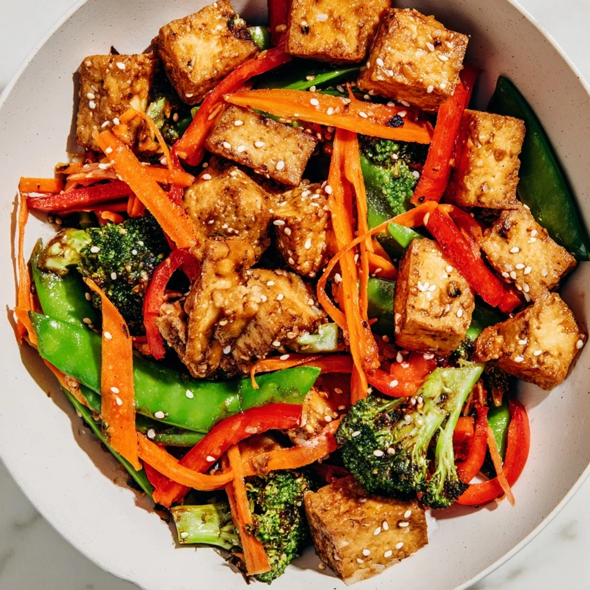 A steaming bowl of sesame ginger tofu stir-fry, showcasing golden tofu and fresh, vibrant ingredients.