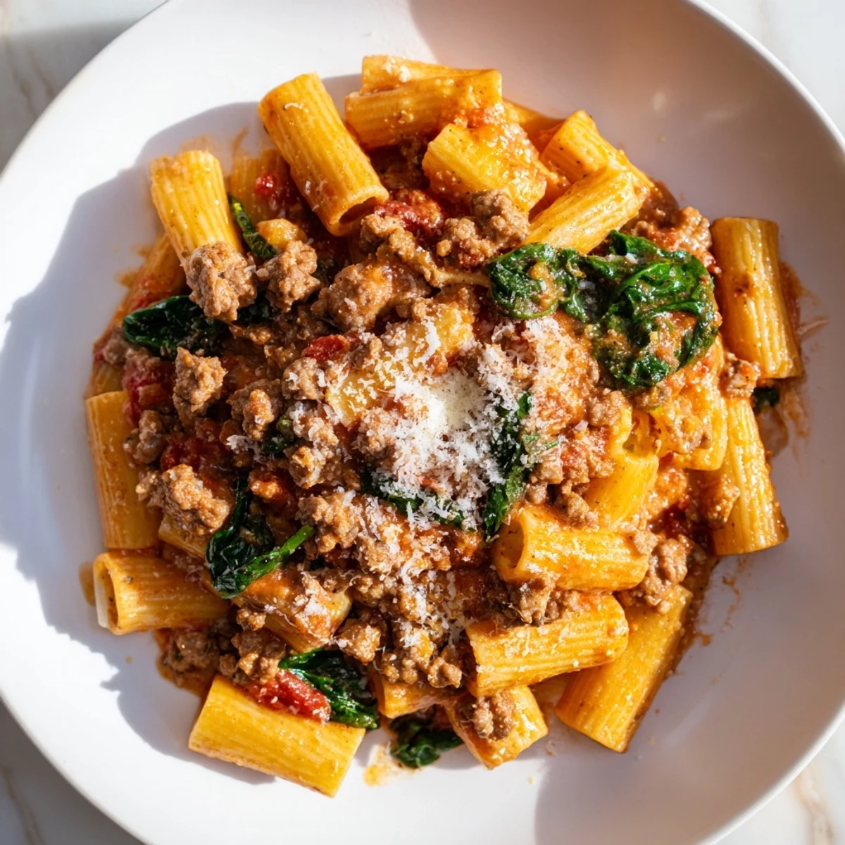 One-Pot Italian Sausage Tomato Pasta simmering in a skillet, perfect for a cozy weeknight dinner.
