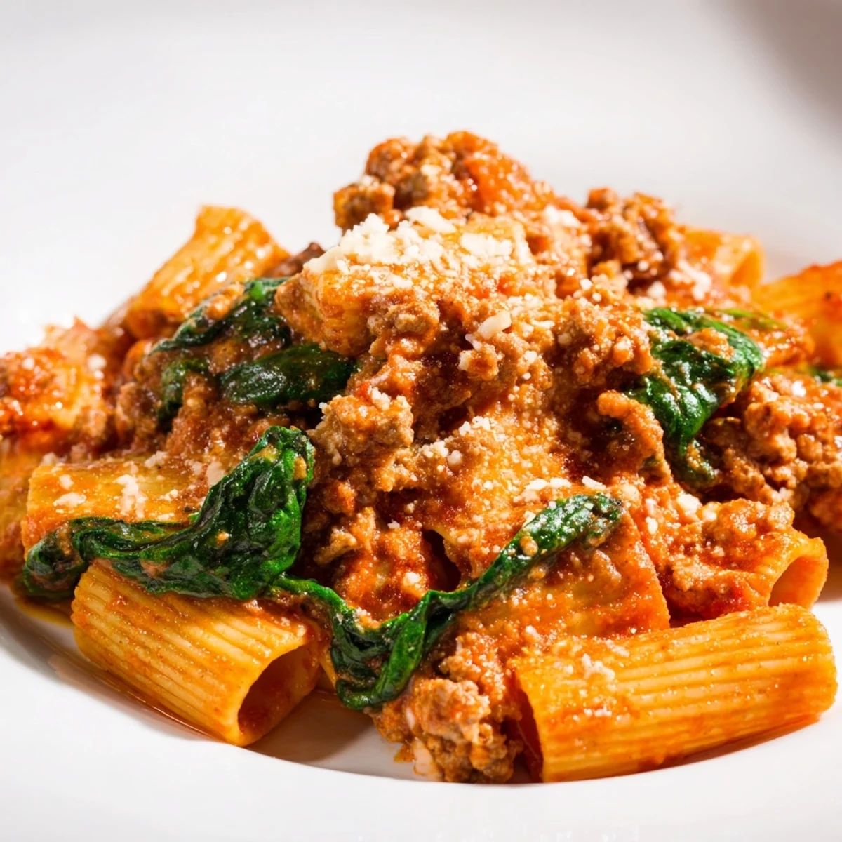 Close-up of the finished One-Pot Italian Sausage Tomato Pasta dish, creamy and ready to serve.