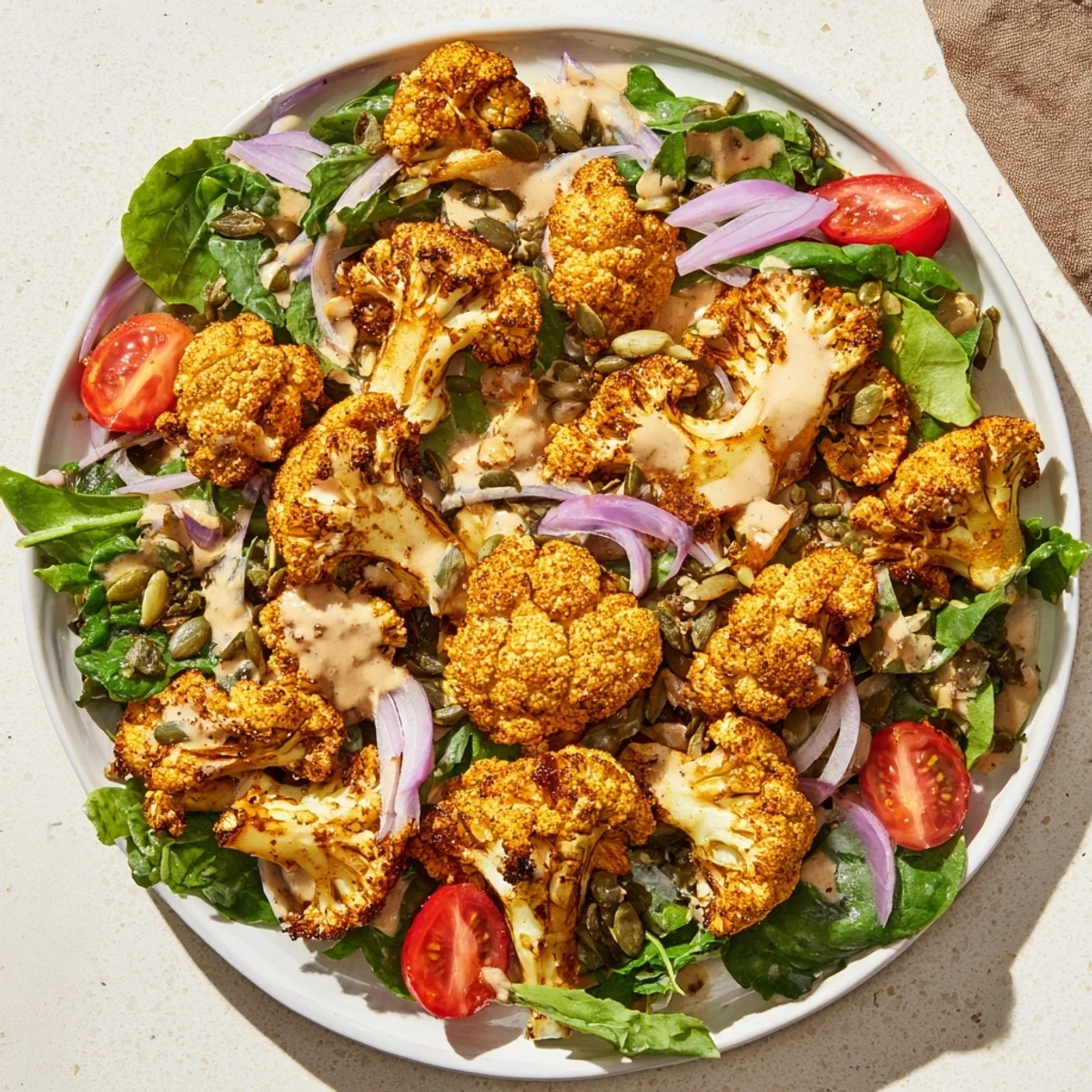 Knuspriger Blumenkohlsalat mit Tahini-Dressing, serviert auf frischen Blattsalaten, ein leichtes Mittagessen.