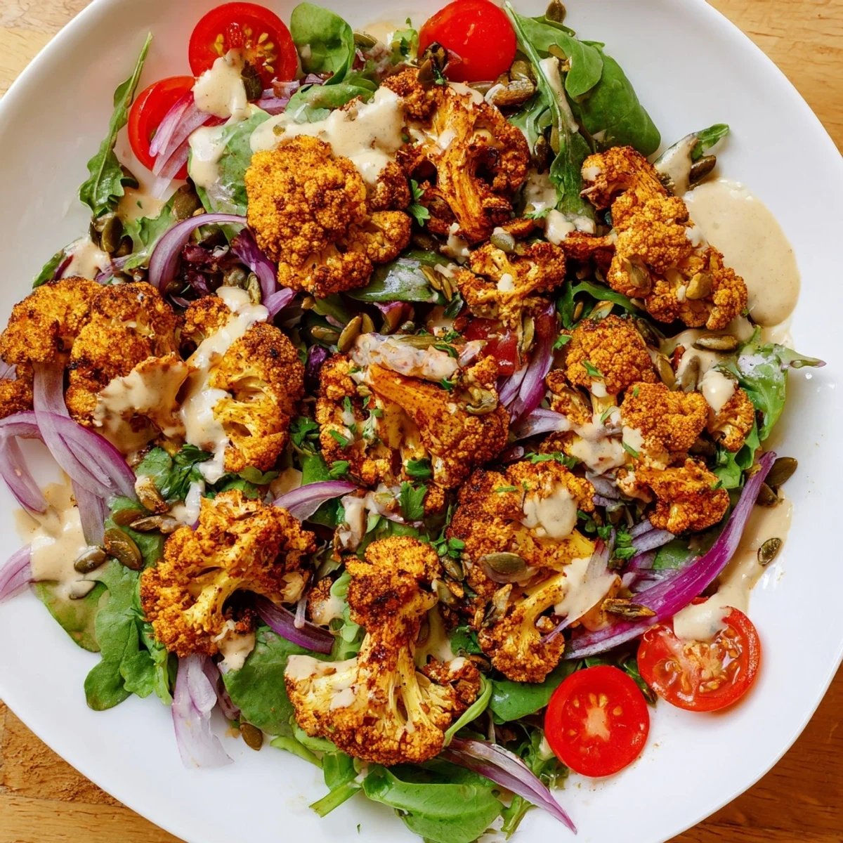 Köstlicher Crispy Cauliflower Salad mit cremiger Tahini Sauce, angerichtet mit leuchtenden Tomaten und Zwiebeln.