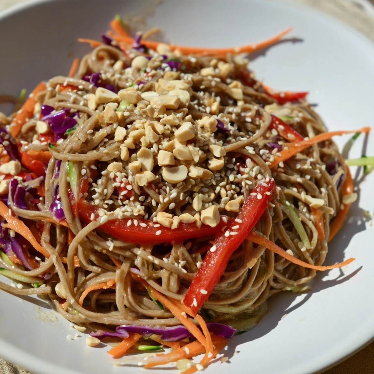 A vibrant, colorful Cold Noodle Salad with Sesame-Ginger Dressing, perfect for a light summer meal.