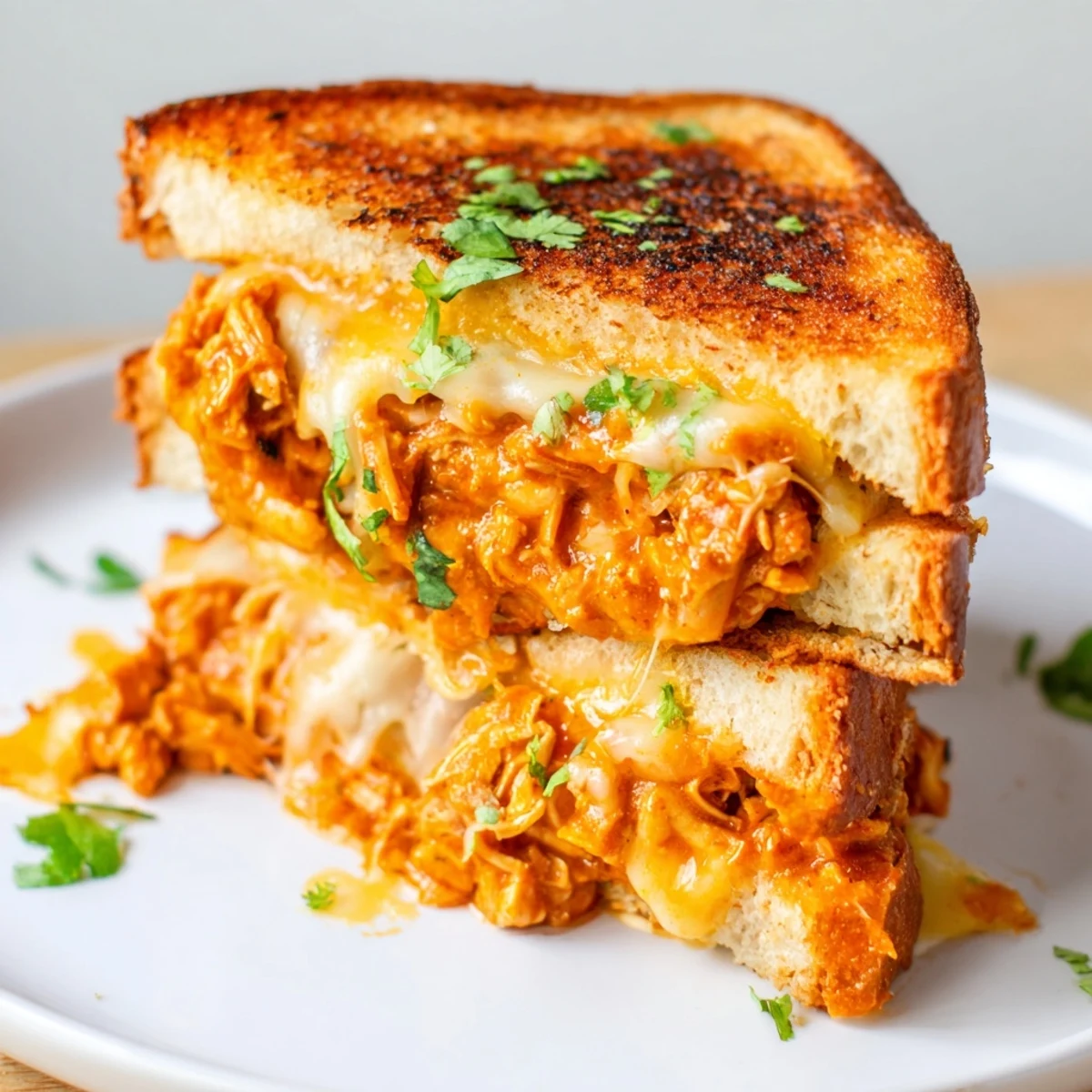 Savory Butter Chicken Grilled Cheese with melted cheese oozing from golden, grilled bread.