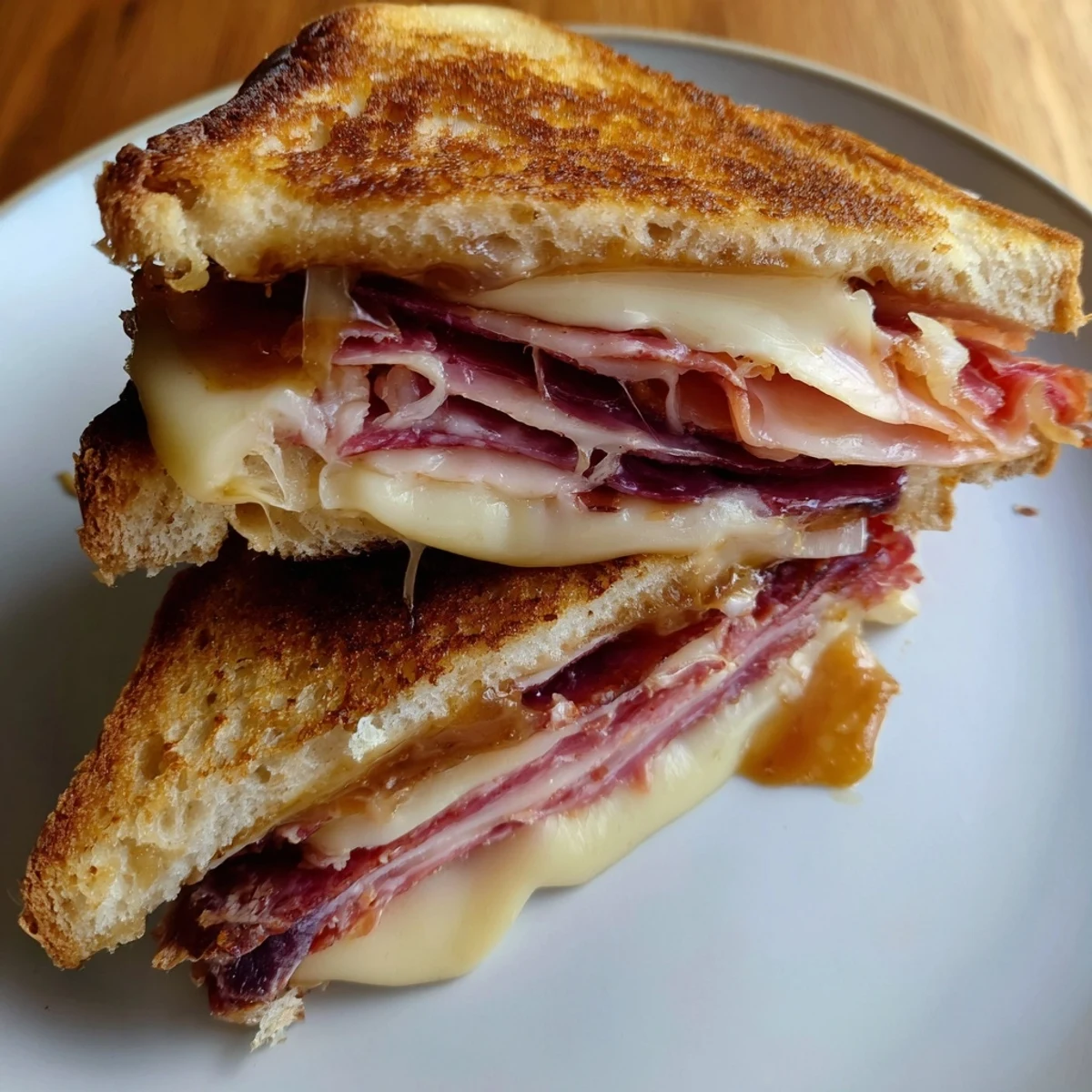 Golden, melty layers: A Charcuterie Grilled Cheese featuring savory meats and oozing cheeses.