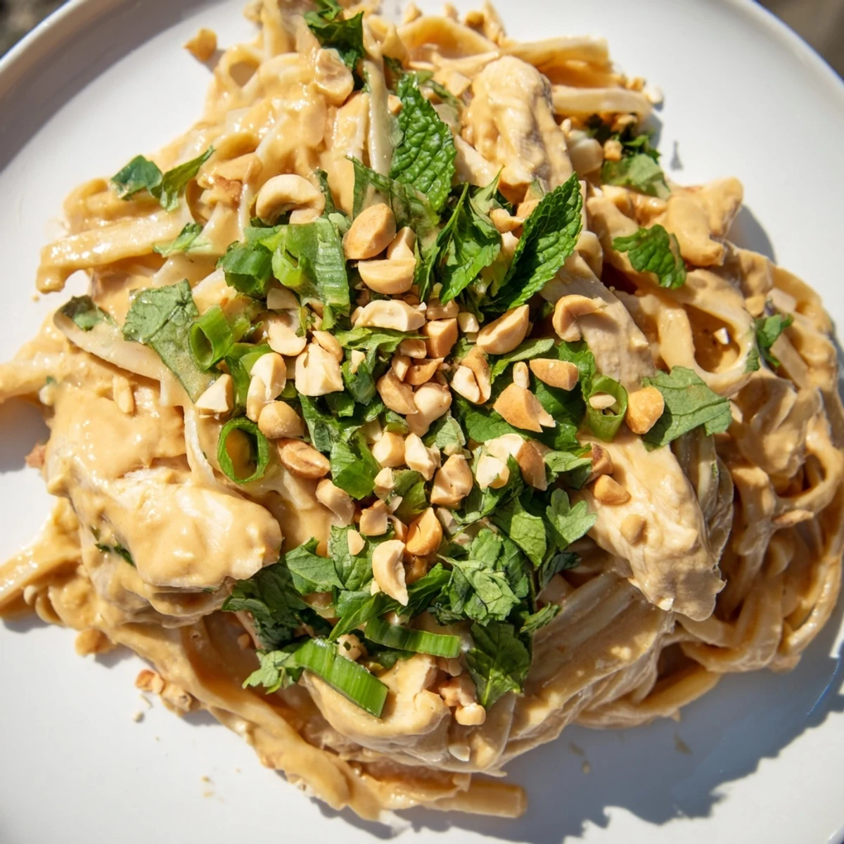 Tender chicken and linguine coated in a rich peanut sauce, this Thai Peanut Chicken Pasta looks delicious.