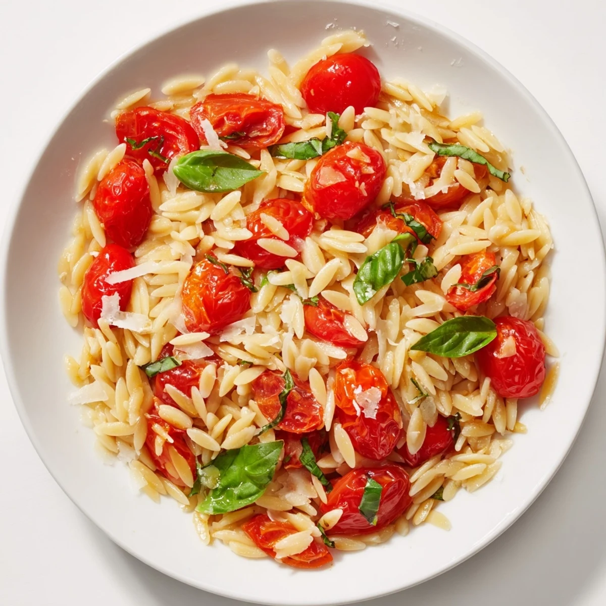Saftige Orzo Tomato Parmesan Nudeln, serviert mit frischem Basilikum und geriebenem Parmesan.