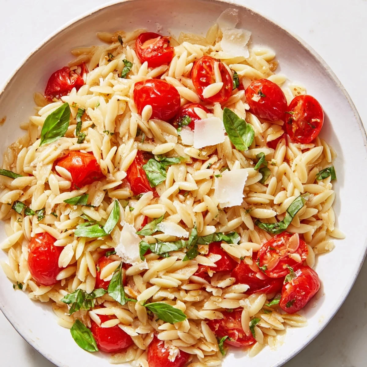 Ein Teller mit dampfendem Orzo Tomato Parmesan, mit sonnengereiften Tomaten und Olivenöl.