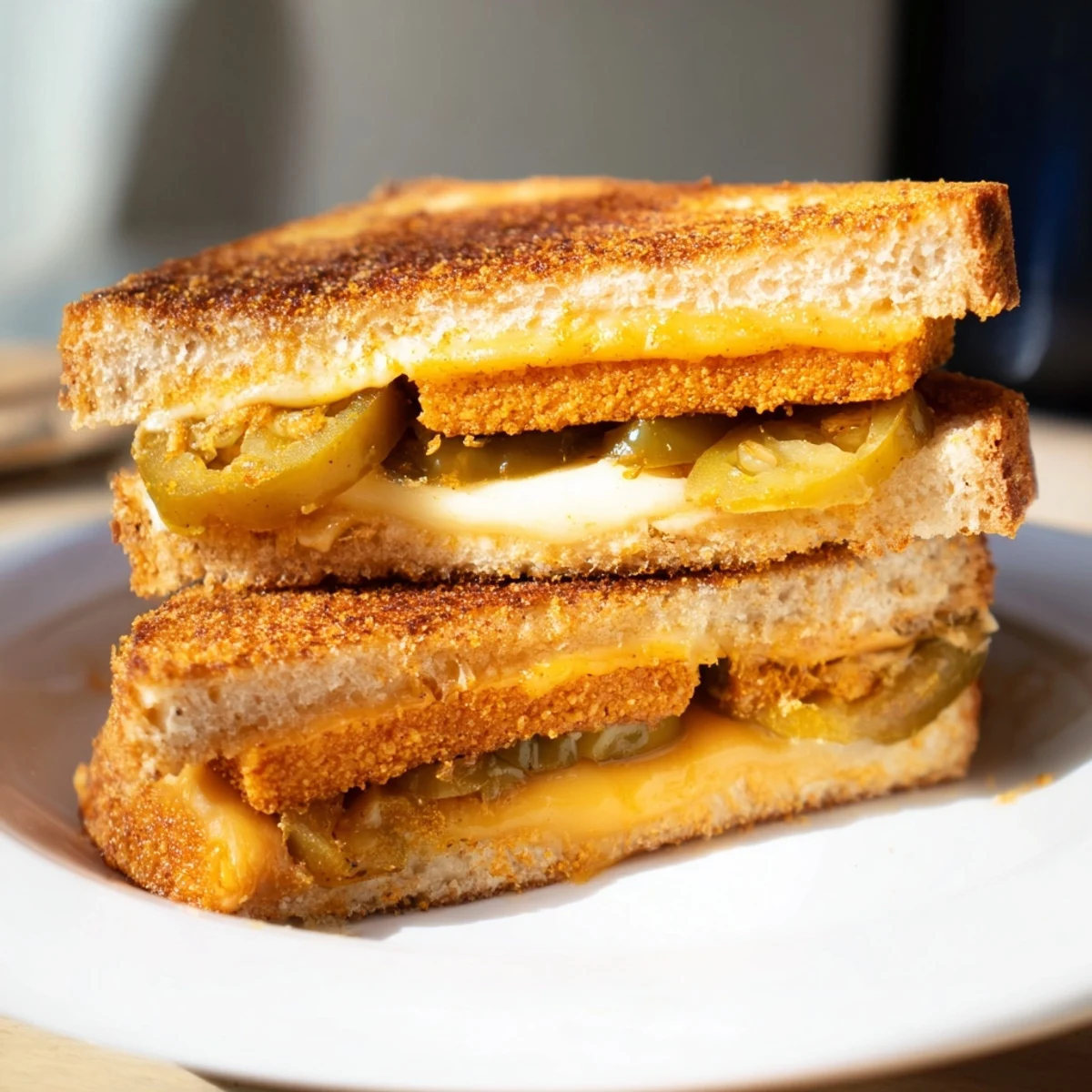 The perfect comfort food: a close-up of a Spicy Crispy Tofu Grilled Cheese on a plate.