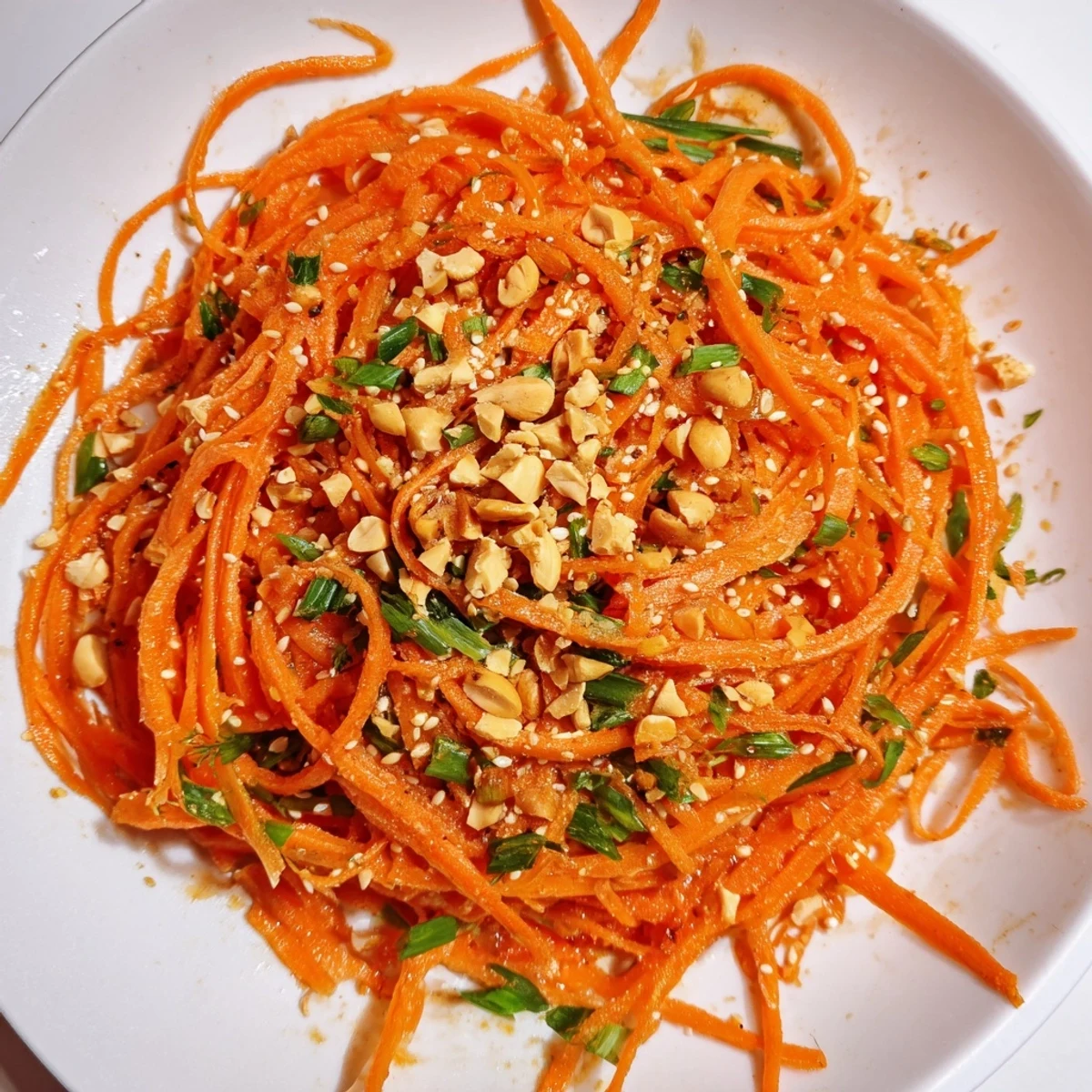 Vibrant Spicy Carrot Salad with shredded carrots and a glistening, spicy dressing.