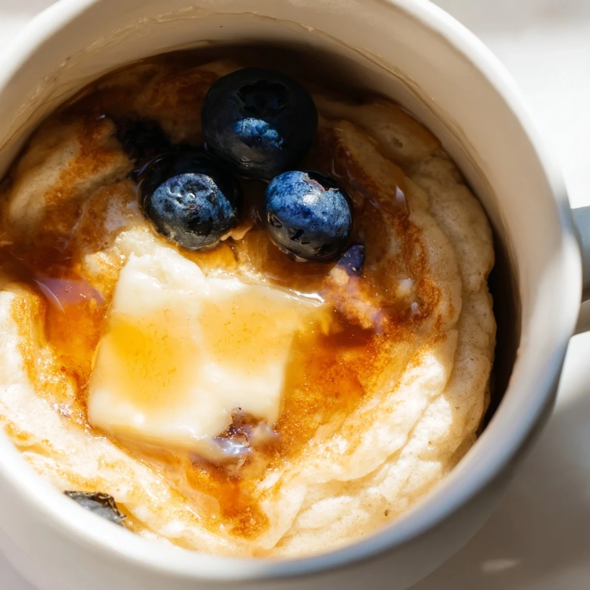 Golden, fluffy microwave mug pancakes dusted with powdered sugar, ready for a delicious breakfast.