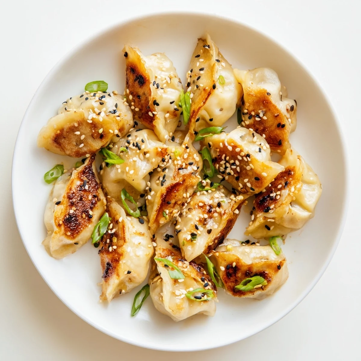 Crispy air fryer frozen dumplings glazed with sesame oil, garnished with fresh green onions.