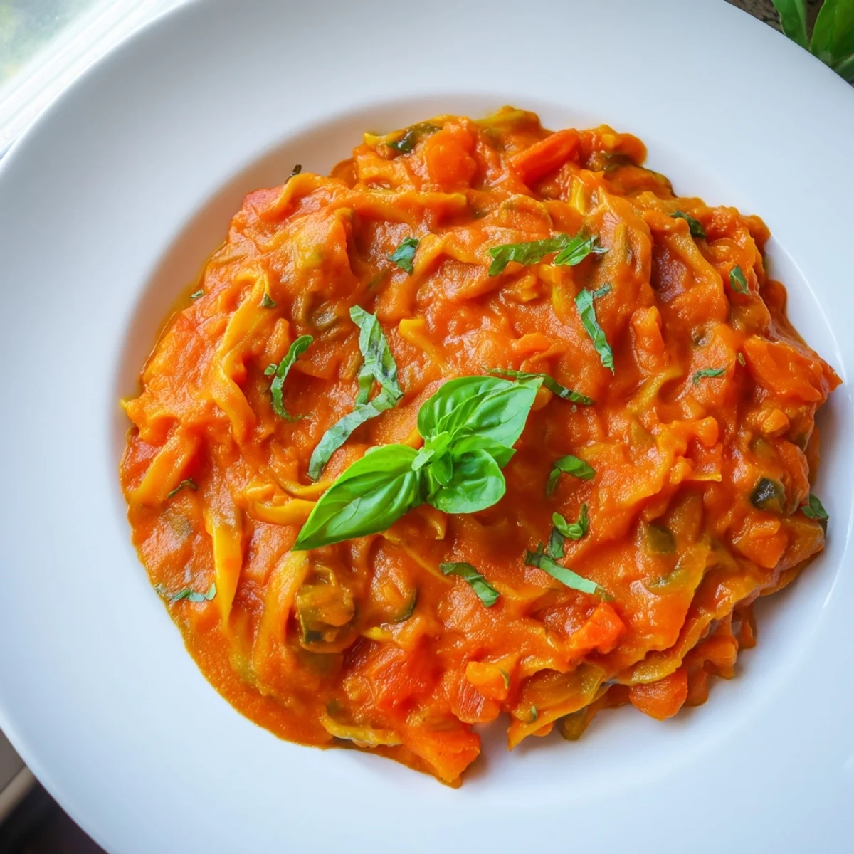 Steaming bowl of Veggie-Loaded Tomato Pasta Sauce, rich and flavorful, ready to be served over pasta.